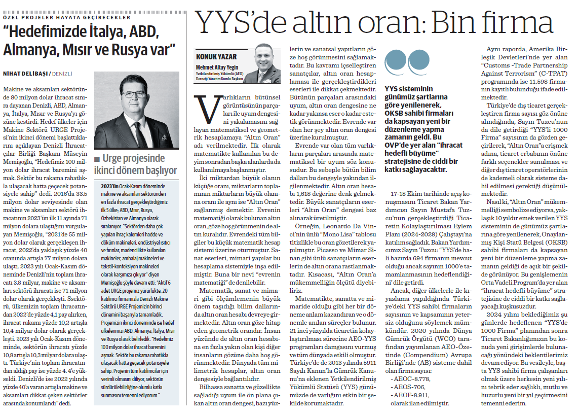 Yönetim Kurulu Başkanımız Mehmet Altay YEGİN'in YYS'de Altın Oran: Bin Firma başlıklı kaleme aldığı makale "Nasıl Bir Ekonomi" gazetesinde yayımlandı