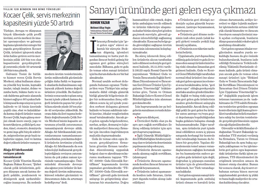 Yönetim Kurulu Başkanımız Mehmet Altay YEGİN'in Sanayi Ürününde Geri Gelen Eşya Çıkmazı başlıklı yazısı "Nasıl Bir Ekonomi" gazetesinde yayımlandı