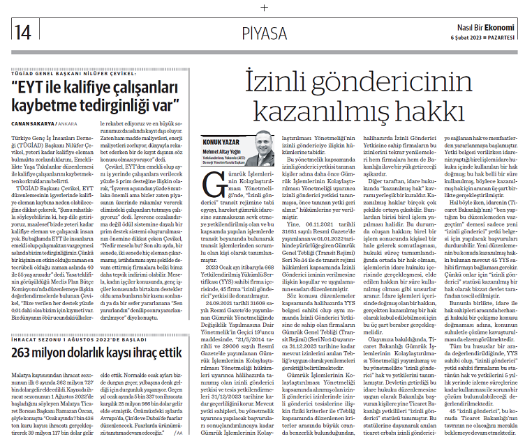 The article written by our Board Chairman, Mehmet Altay Yegin about 